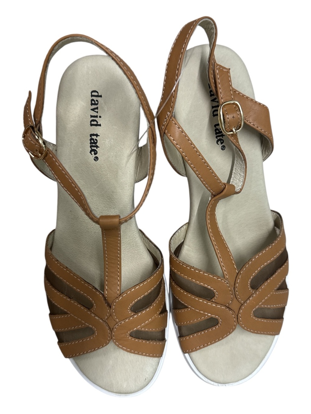 David Tate Tan Leather T-Strap Slingback Sandals